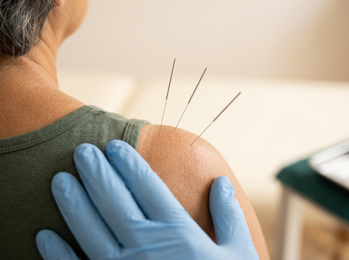 Agulhas finas aplicadas no músculo durante o Dry Needling, ou agulhamento a seco